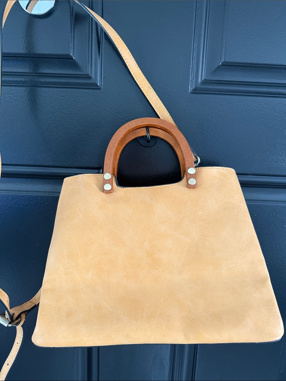 Joy Susan Tan Satchel with Wooden Top Handles